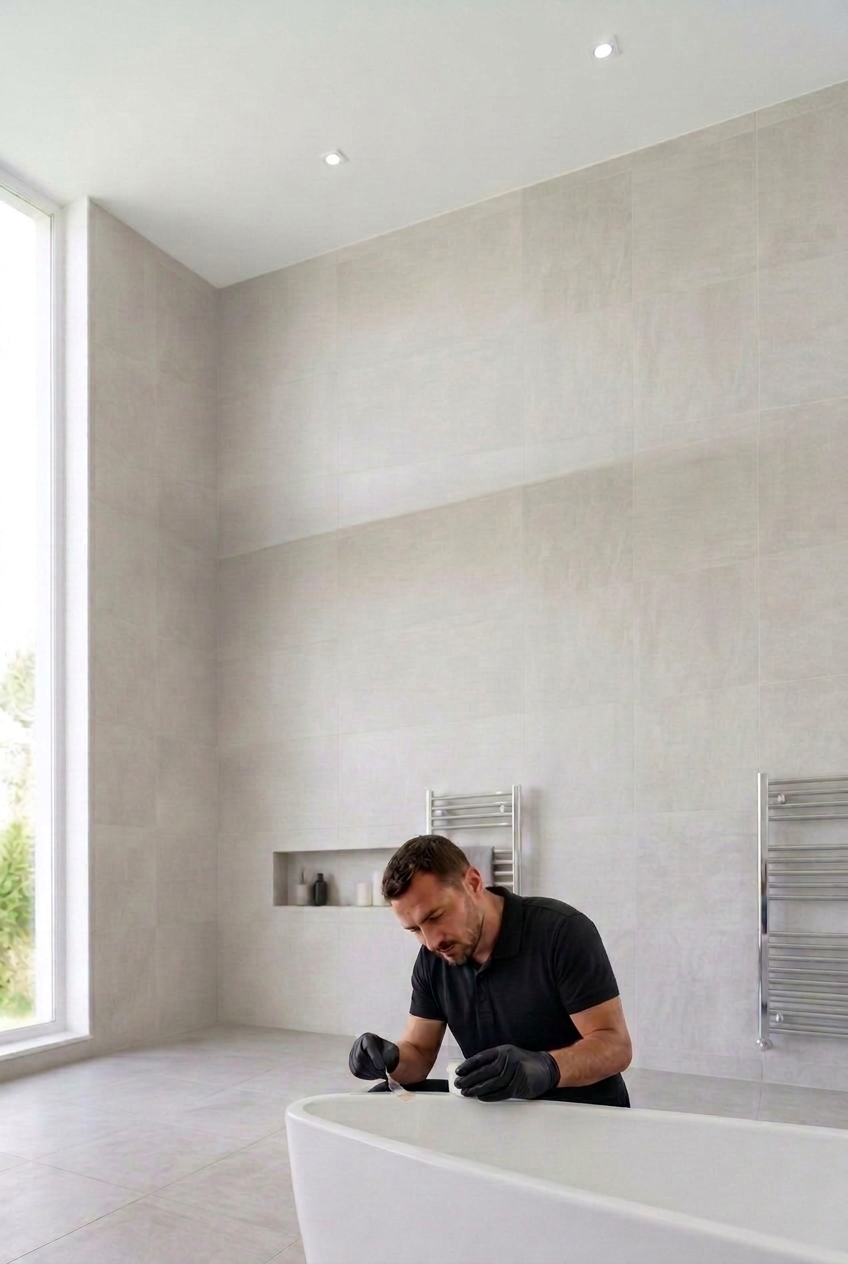 Illustrative Surface Magic technician in a branded polo carrying out a specialist bath surface repair.