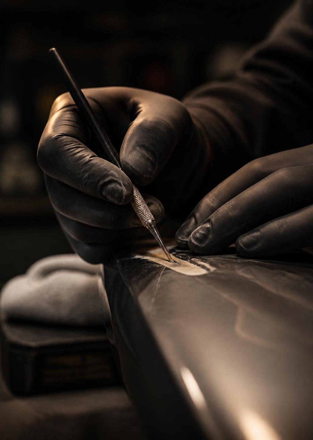 Technician refinishing a damaged surface with a fine hand tool