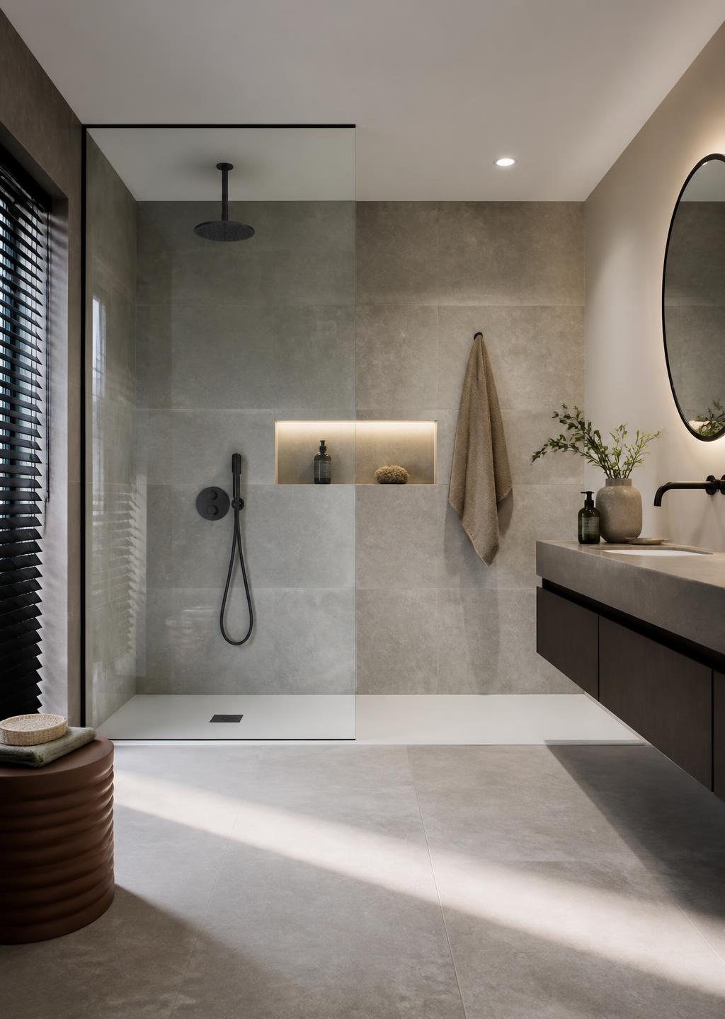 Contemporary wet room with large tiles, glass screen and a white shower tray