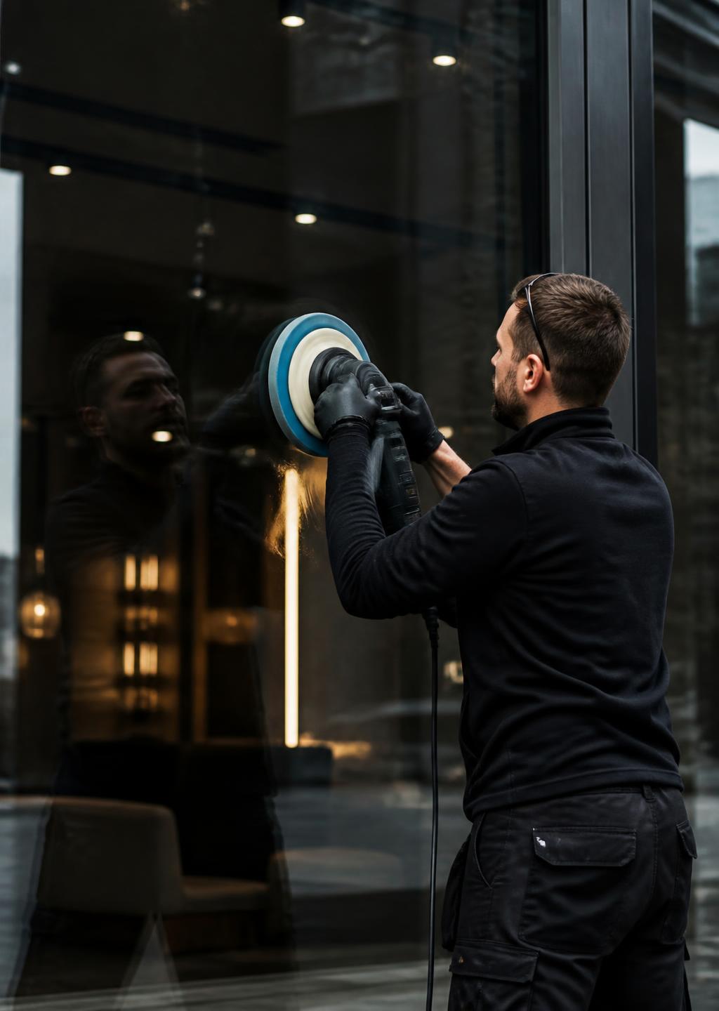 Technician polishing a shopfront glass pane with a professional machine
