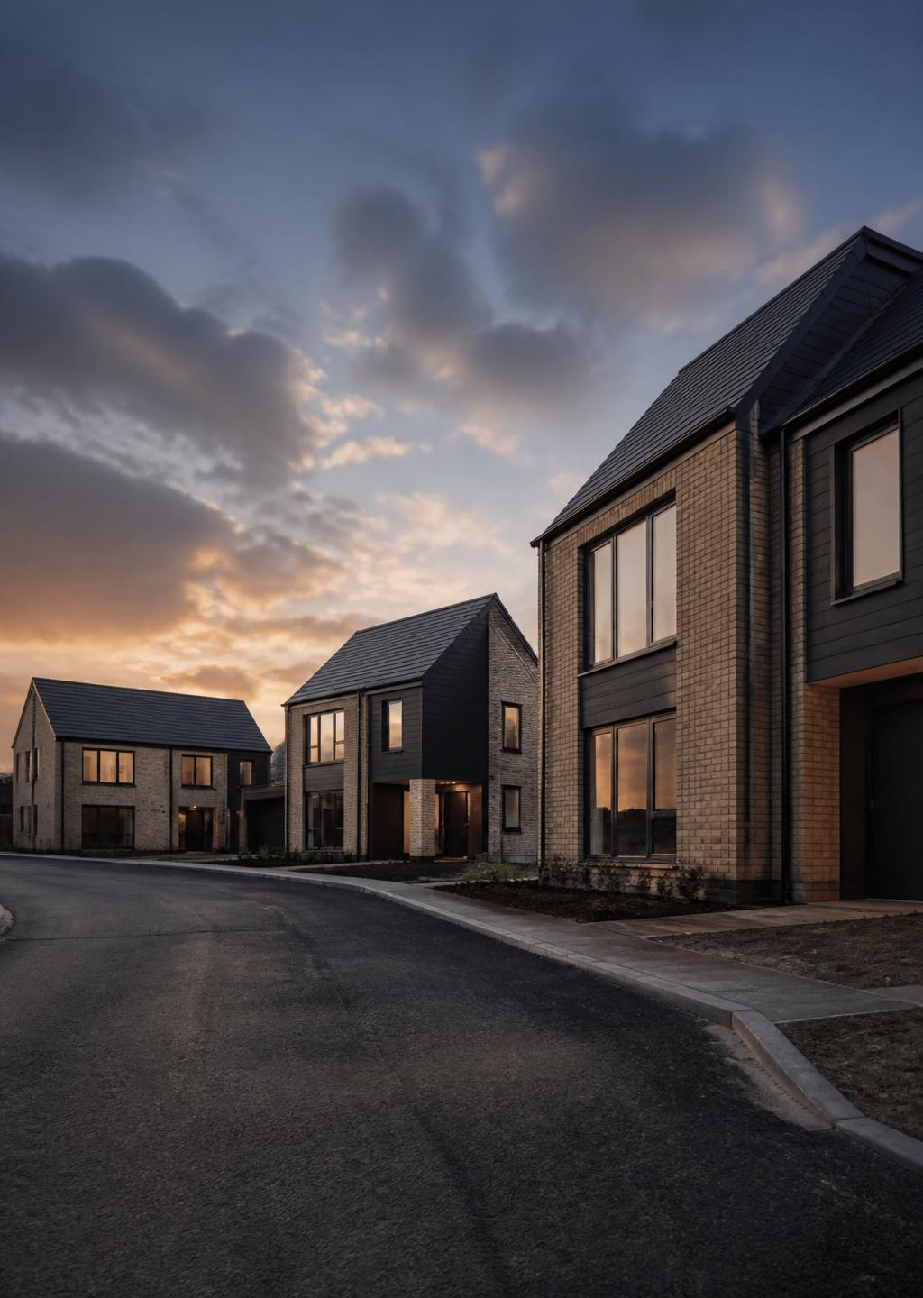 New-build homes nearing completion on a residential development at dusk