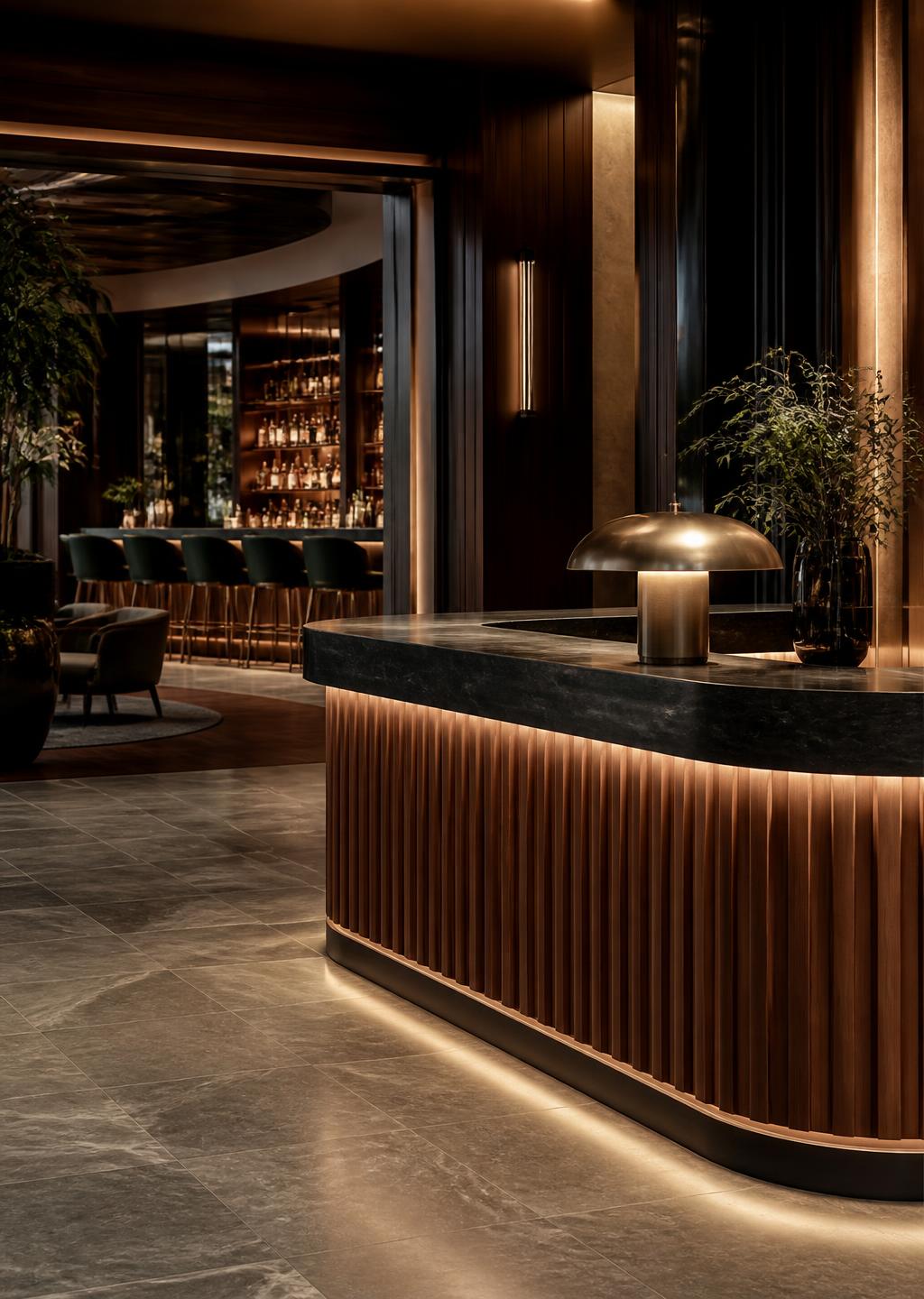 Hotel reception counter and bar in warm, low lighting