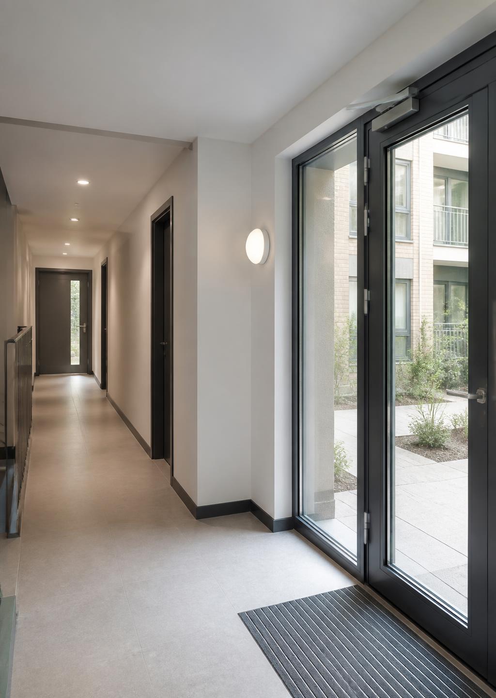 Communal corridor and entrance in a modern apartment building