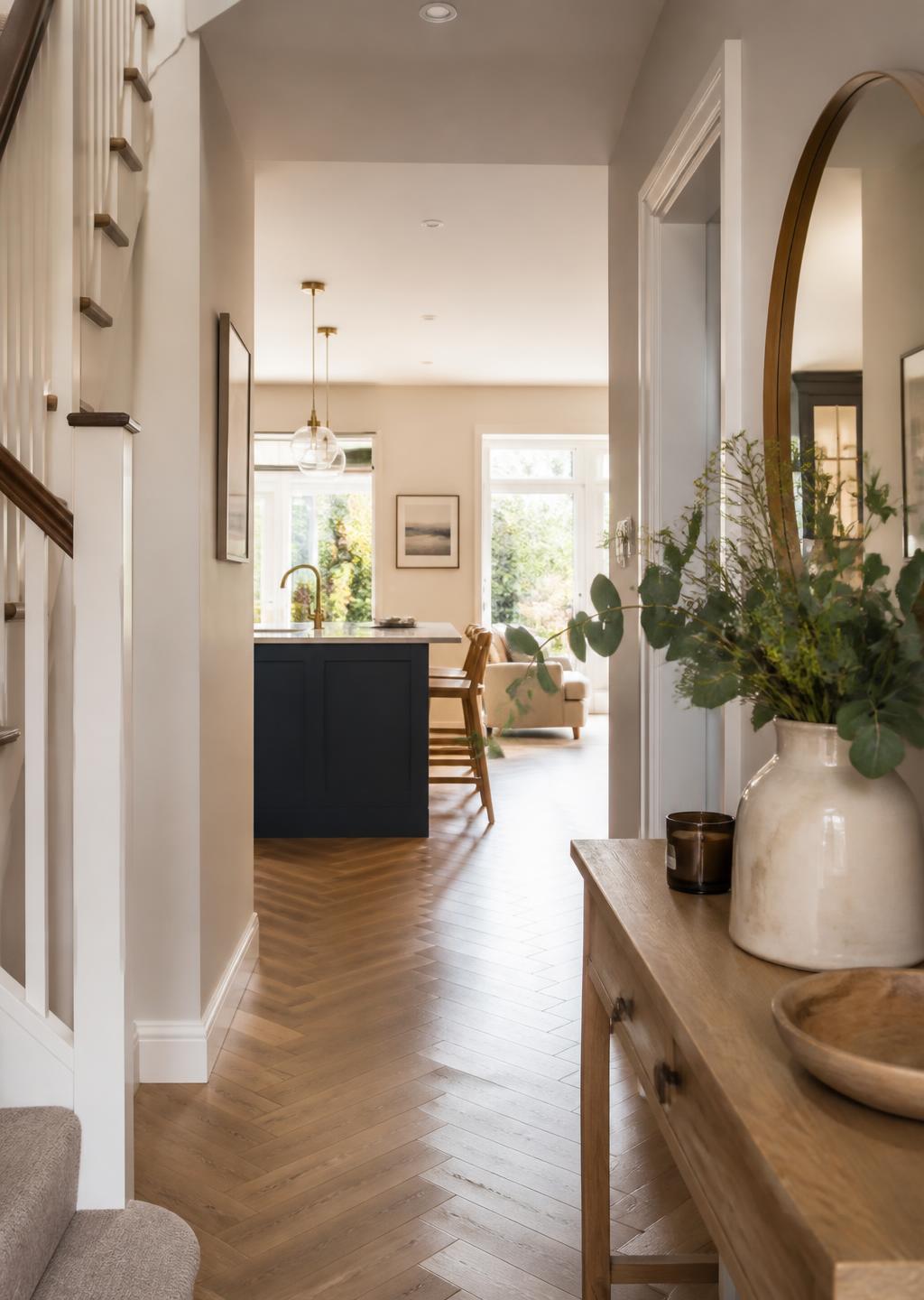 Hallway of a well-finished family home looking through to the kitchen