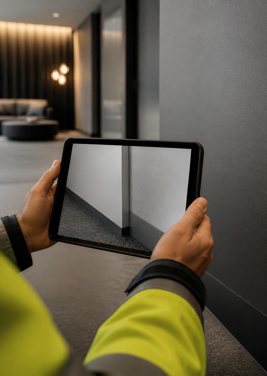 Surveyor photographing a surface detail on a tablet inside a finished interior