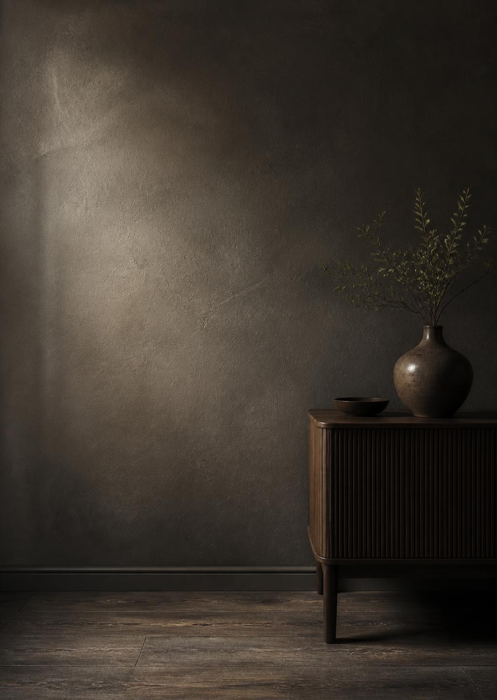 Calm finished interior with a restored surface catching soft light